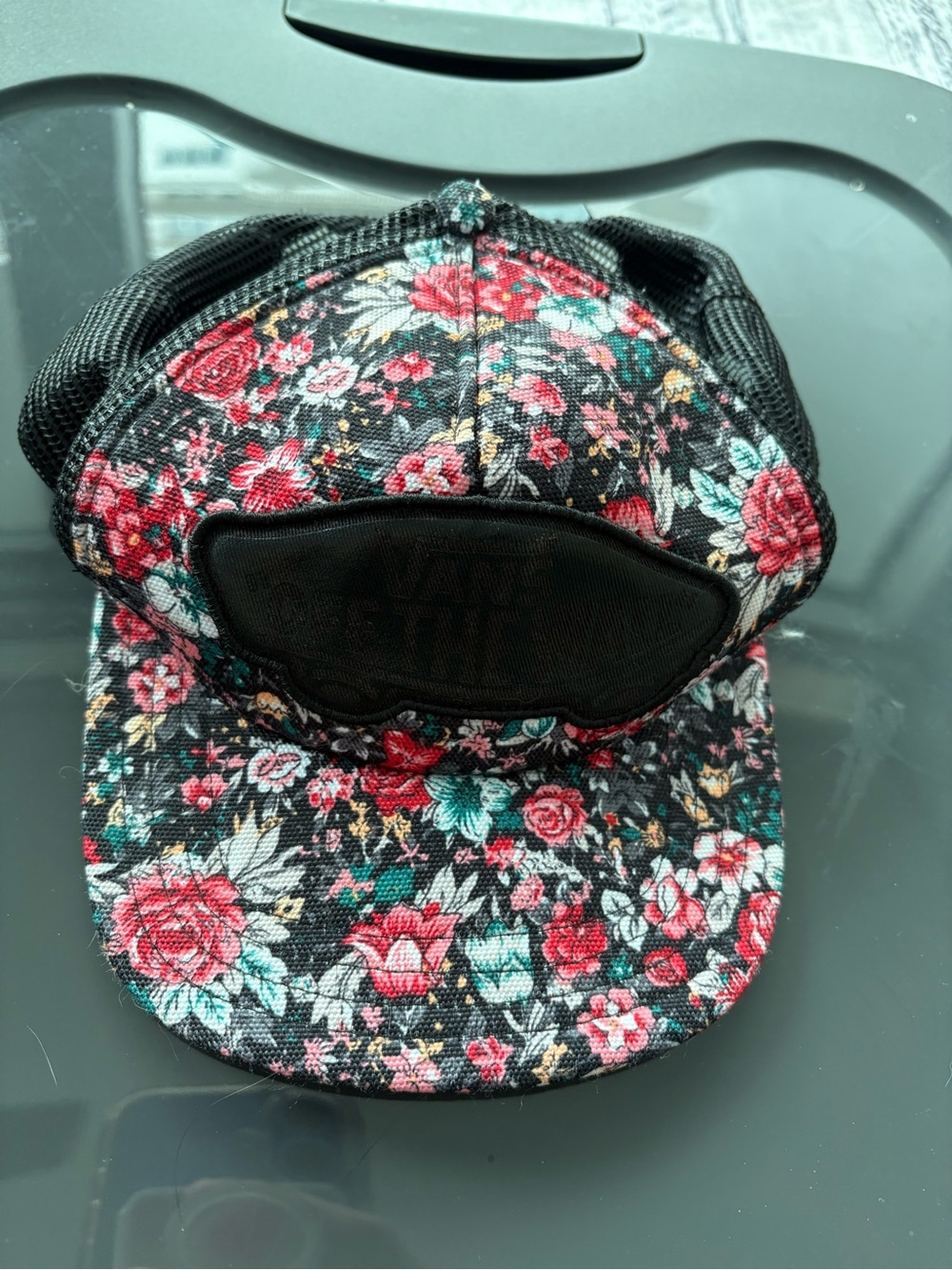 Vans Black Floral Trucker Hat with Red & Teal Flowers